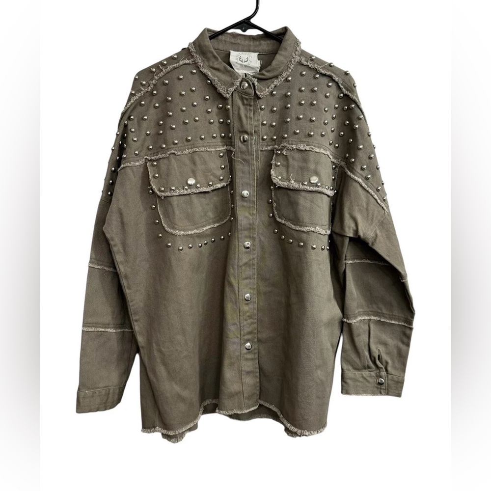 Small Studded Olive Green Button-Up Jacket